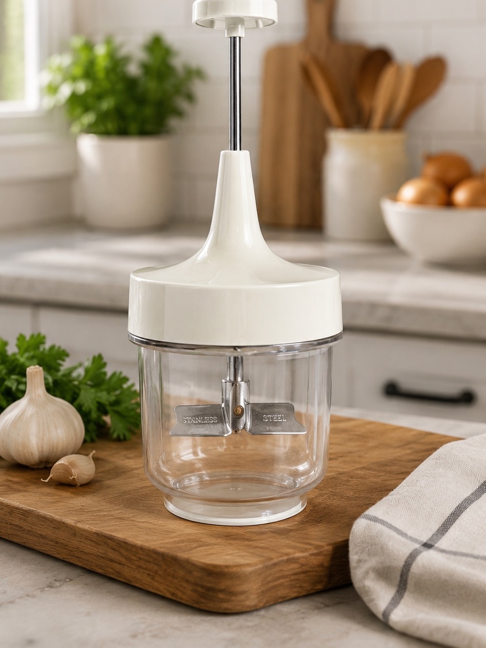 Vintage GEMCO Manual Food Chopper • Stainless Steel Blade • Clear Cup